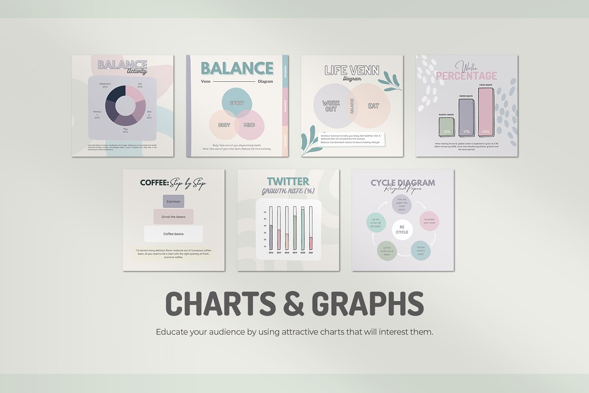 Charts and graphs square infographics set on a gray background.