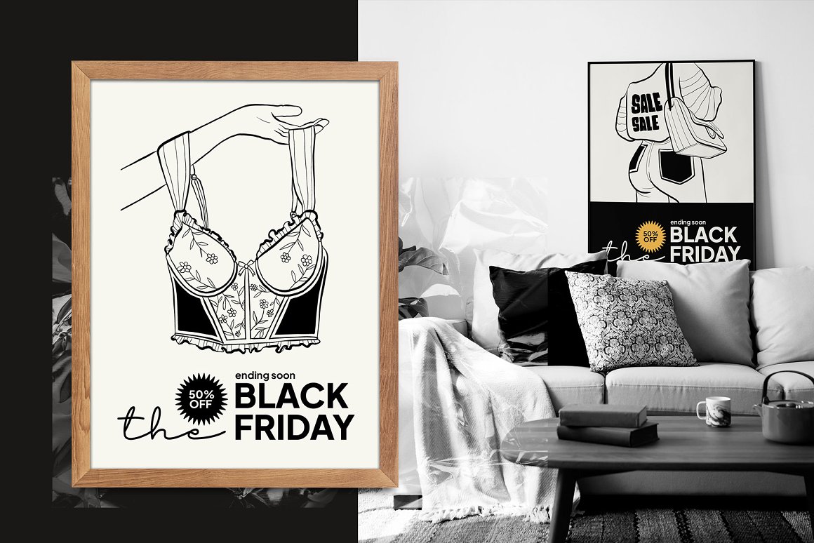 Picture with black bra on a white background in wooden frame and decor for room.