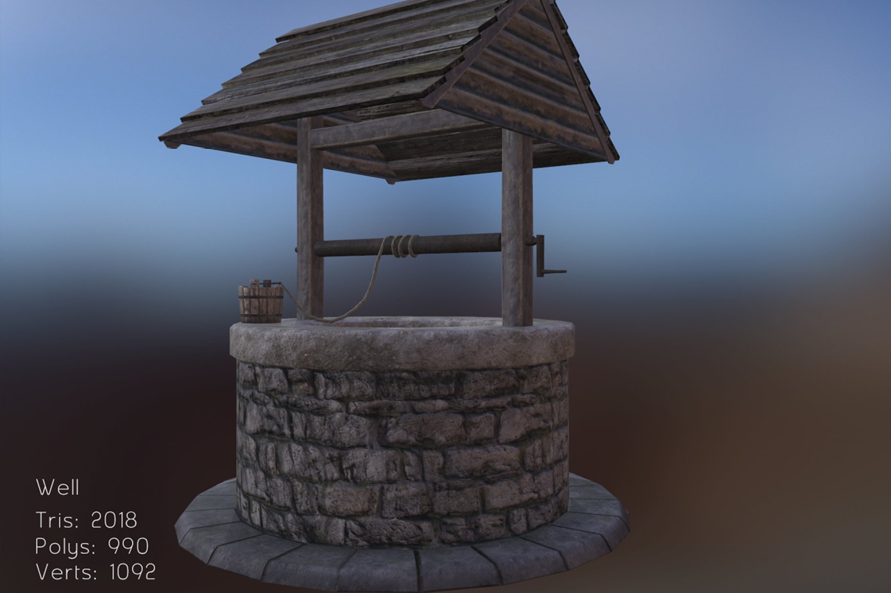 Mockup of medieval well on a blue and brown background.