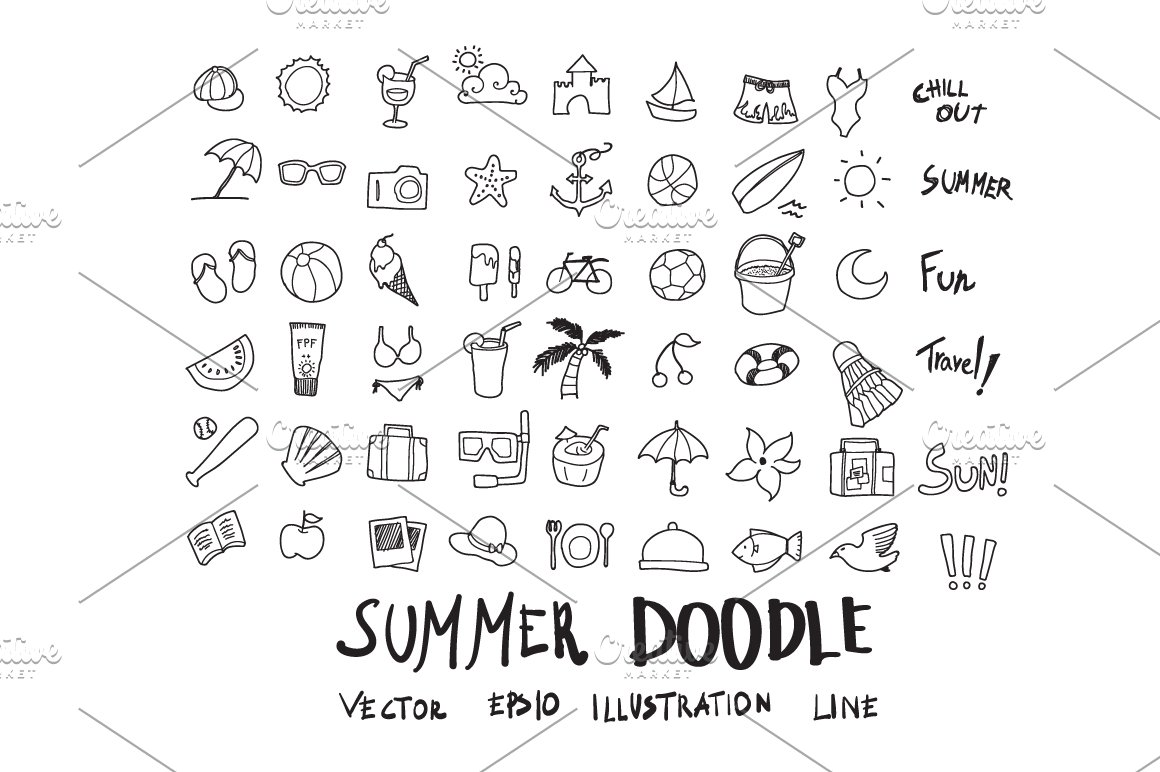 Summer black doodle icons collection on a white background.