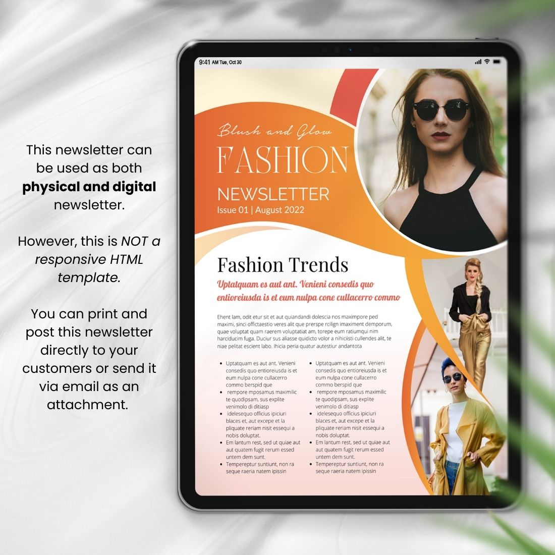 Canva Newsletter Template For Models and Fashion details.