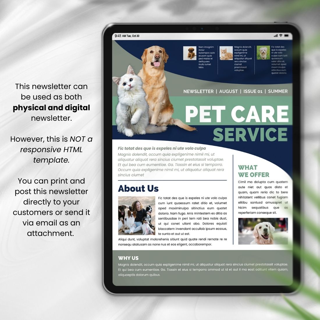 Canva Newsletter Template For Pet Care Business - tablet option.