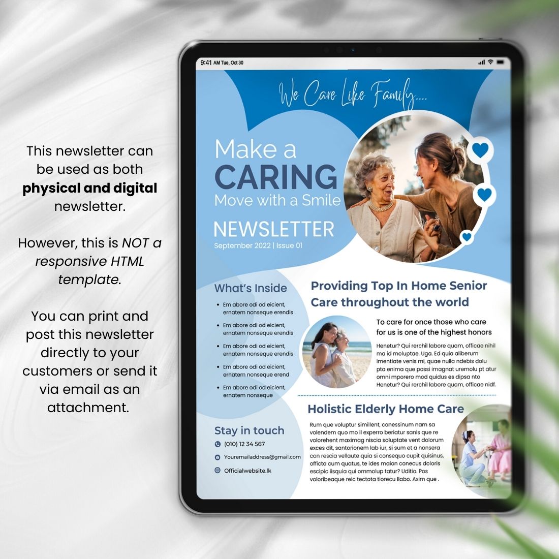 Newsletter Caring Business Canva Template preview image.