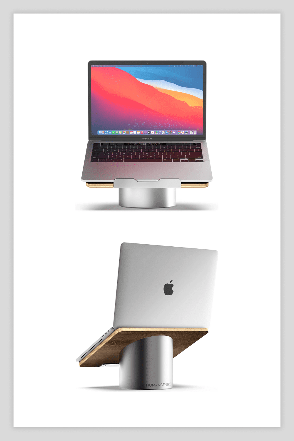 A collage of images of a laptop stand with a macbook on them.