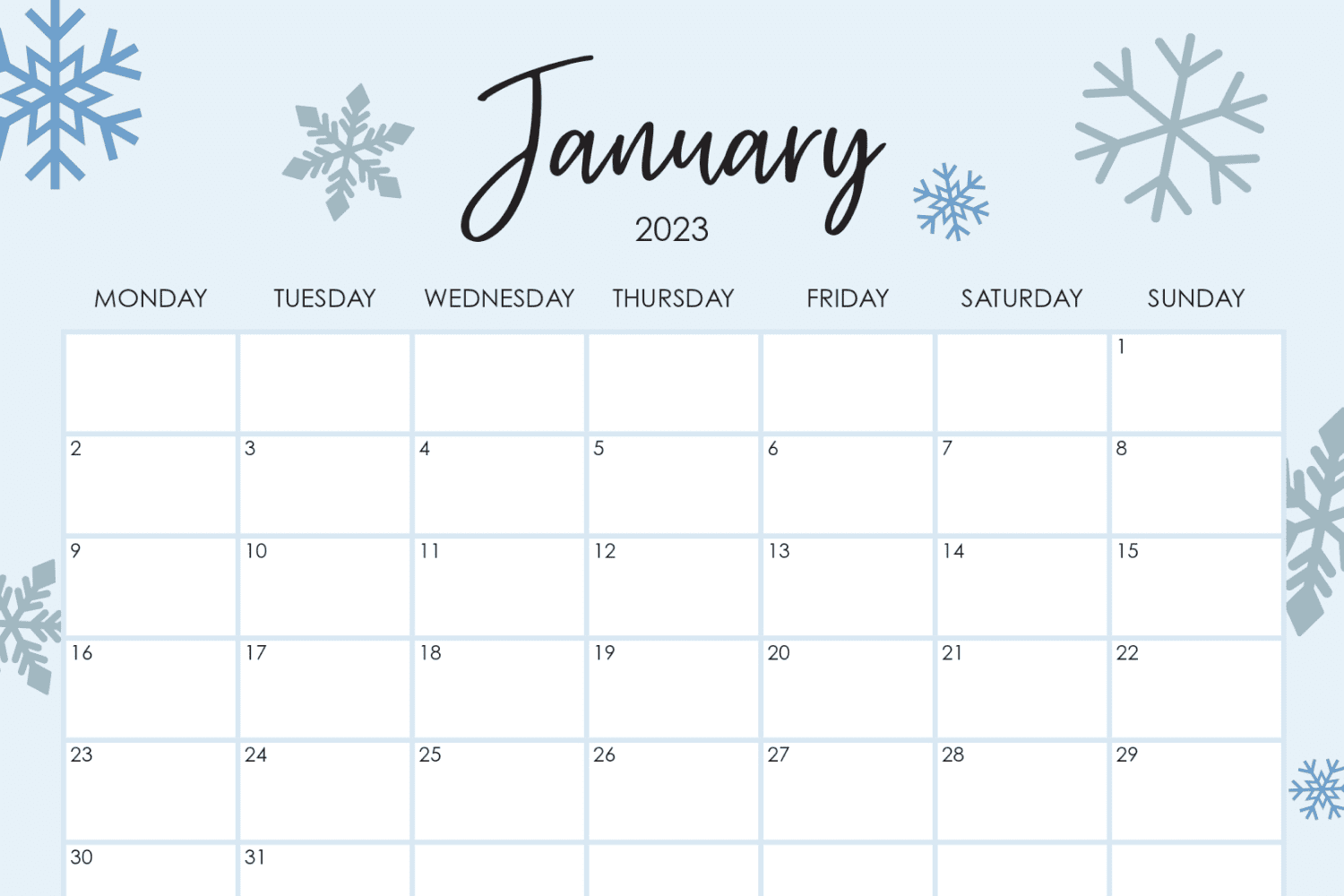 Calendar for january with snowflakes and place for notes.