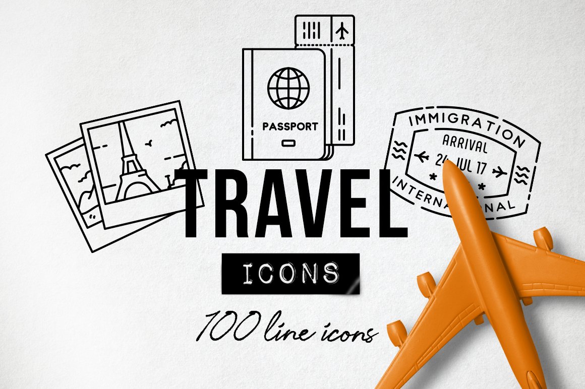 Cover with orange mockup of plane, black lettering "Travel Icons 100 line icons" and 4 black icons on a gray background.
