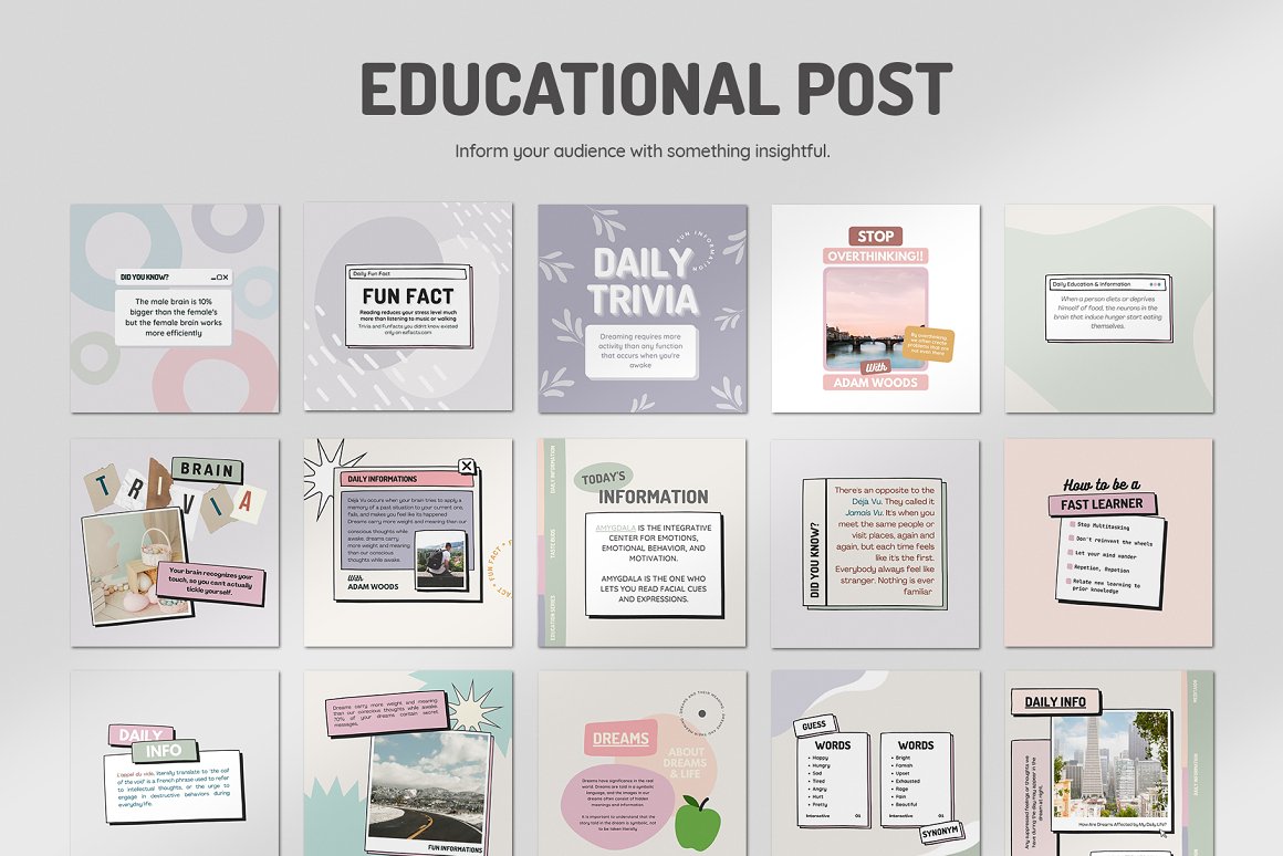 Educational post Instagram square templates set on a gray background.