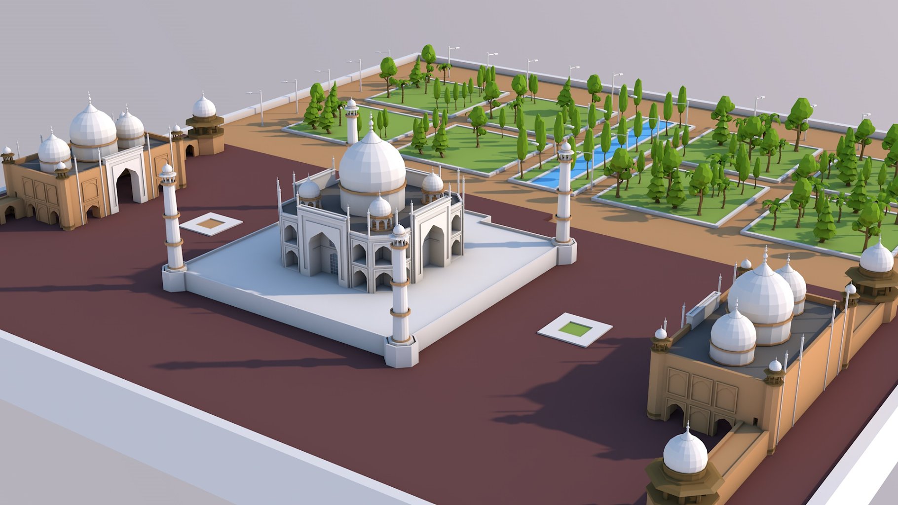 Back mockup of all field of low poly taj mahal landmark.