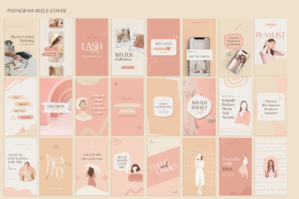 Huge bundle of 24 different templates of Instagram reels on a pink background.