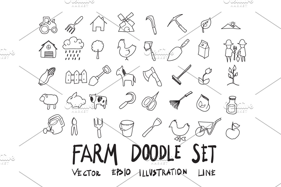 Farm black doodle icons clipart on a white background.