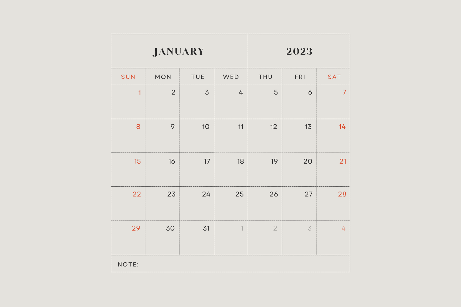 Calendar for January in a minimalist style and a place for notes.