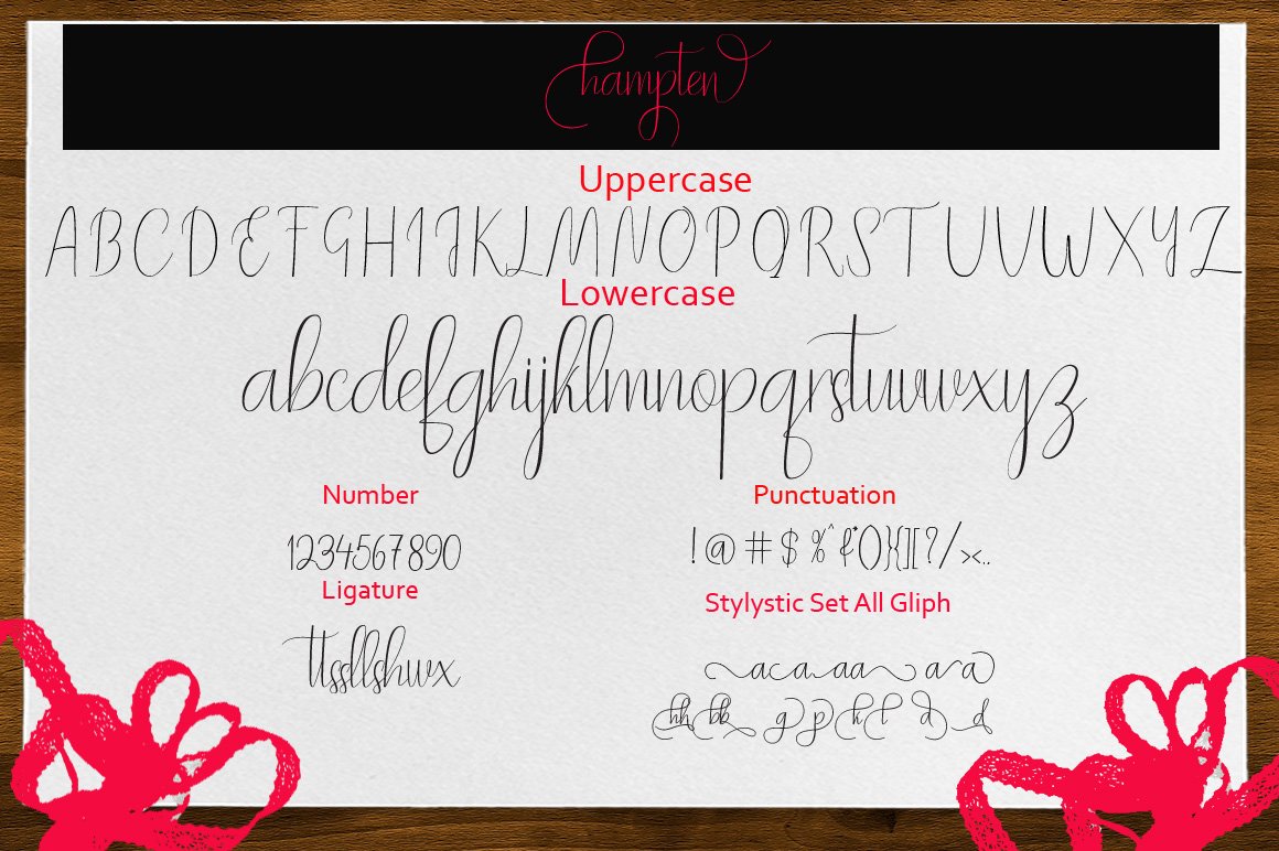 A set of black uppercase, lowercase, numbers, ligatures, punctuations and stylystic set all gliph.