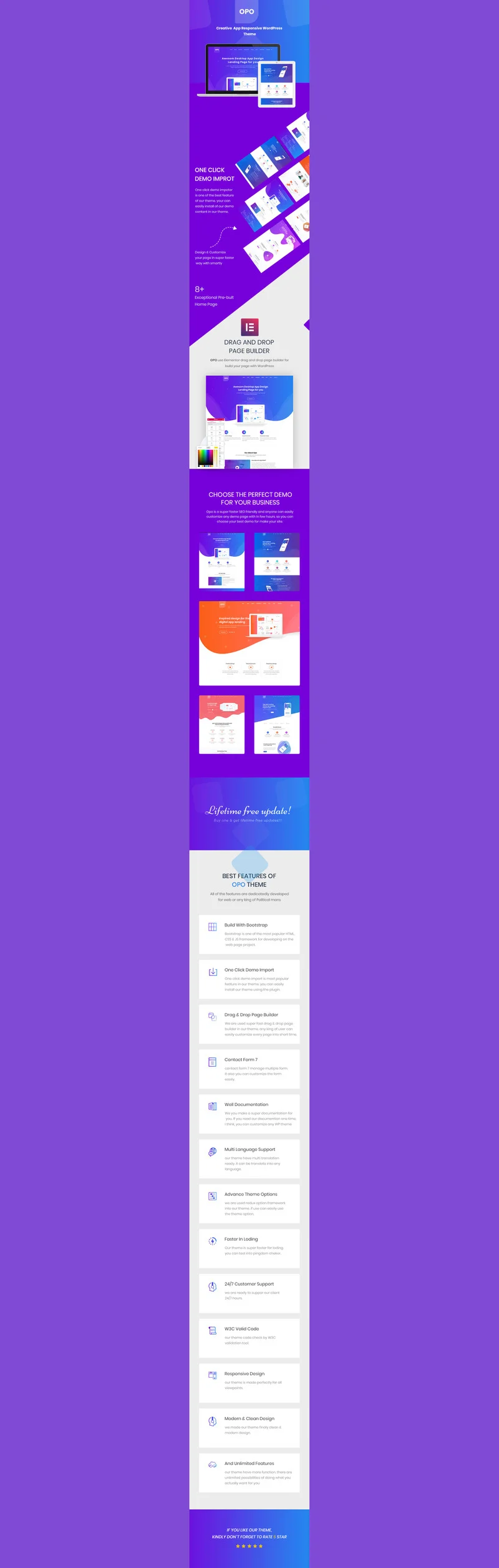 A lot of different pages of opo creative app, software, web app and startup tech company on a purple background.