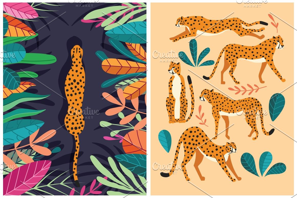 2 different seamless patterns with cheetahs in green and orange.