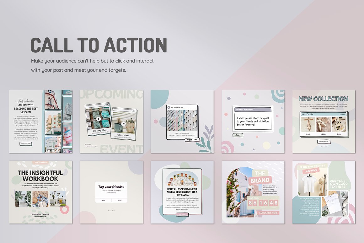 Call to action square infographics set on a light purple background.