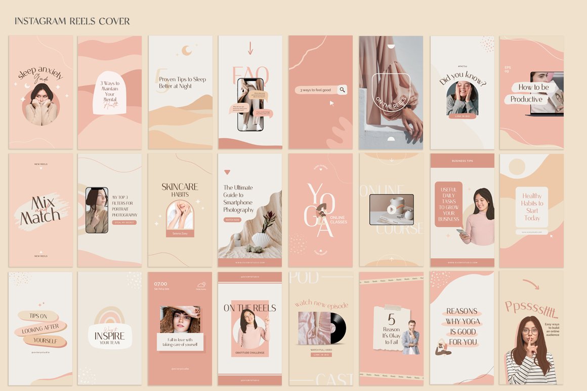 Collection of 24 different templates of Instagram reels on a pink background.