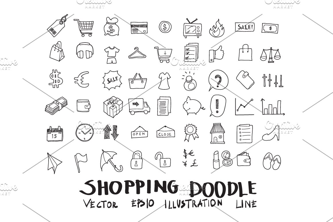 Shopping black doodle icons collection on a white background.