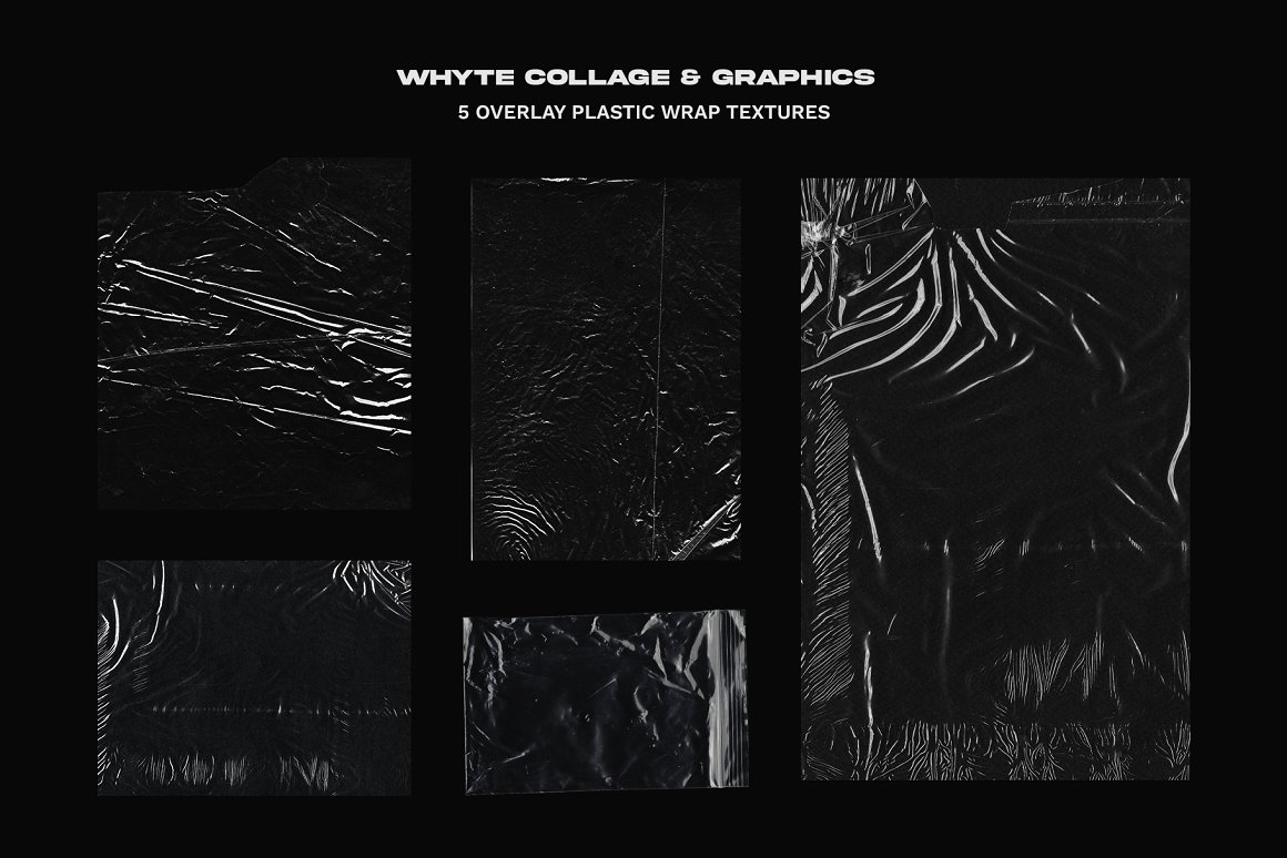 5 different overlay plastic wrap textures on a black background.