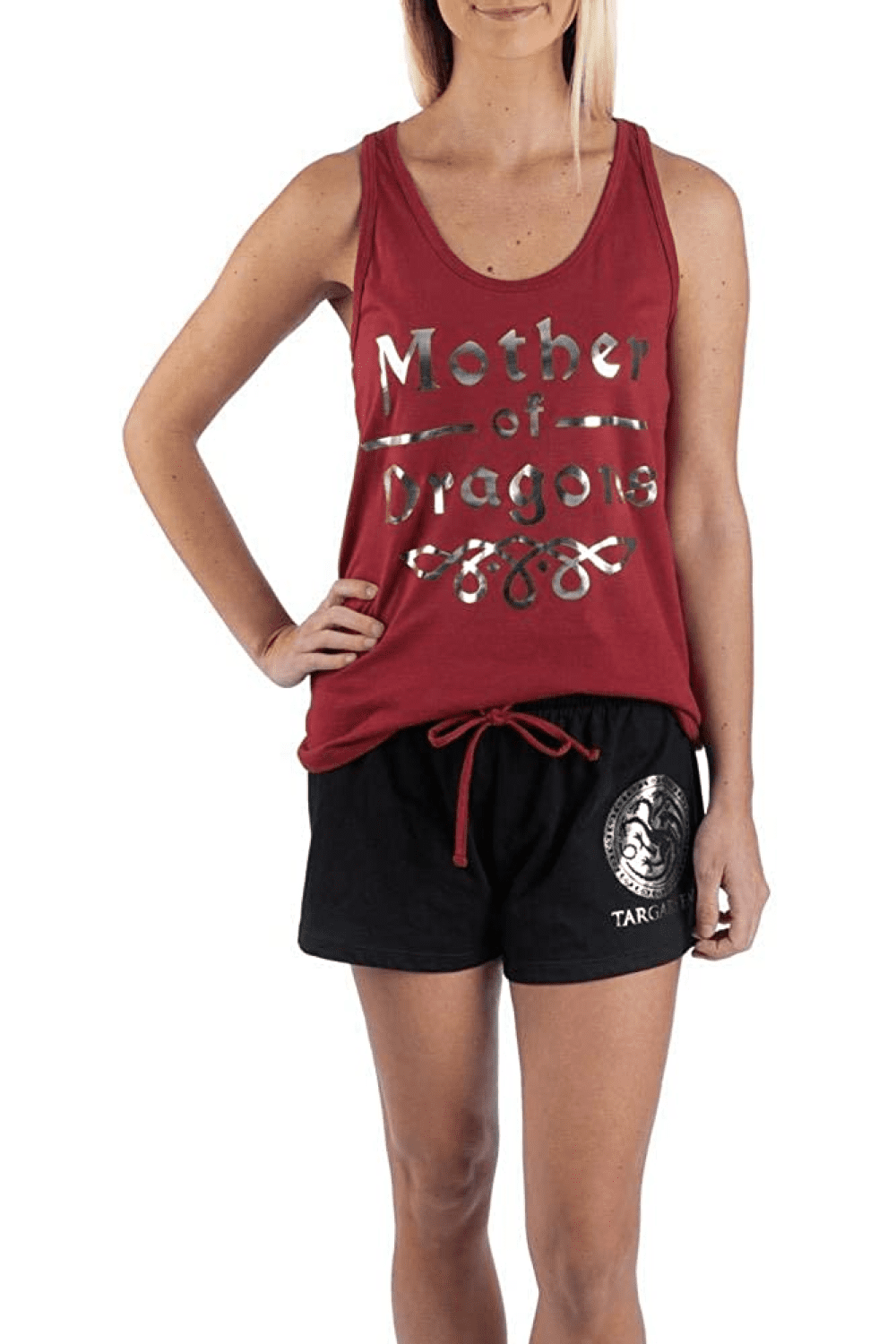 Girl in red Pajama with silver text.