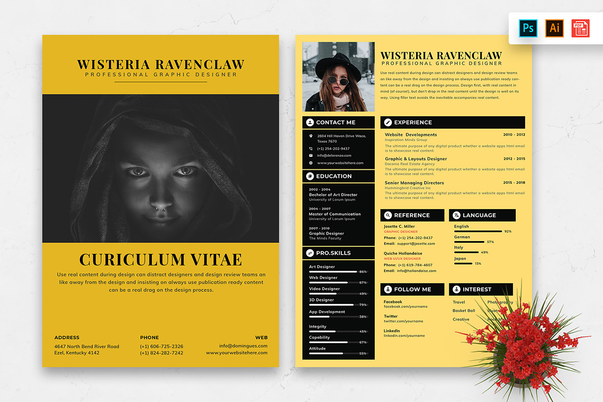 Yellow and black resume with a red flower.