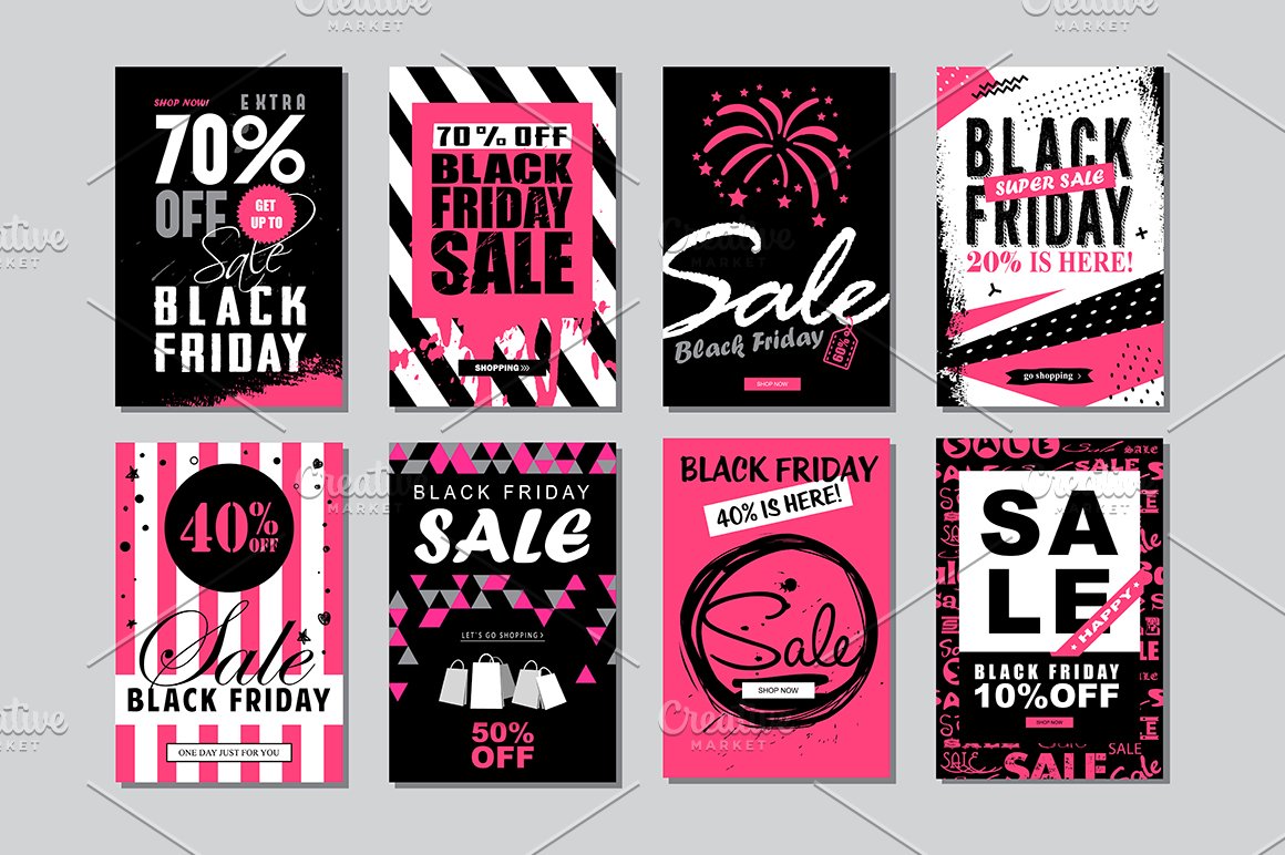 A set of 8 different banners in pink, white and black.