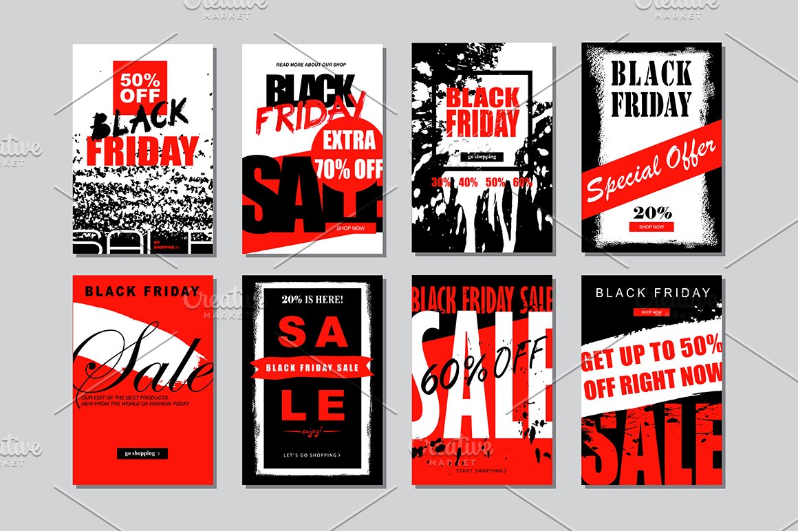 Red, white and black 8 different black friday banners templates.