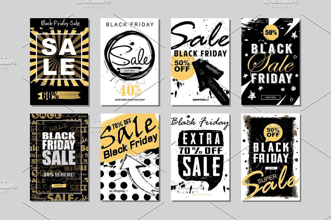 8 different yellow, white and black banners of black friday.