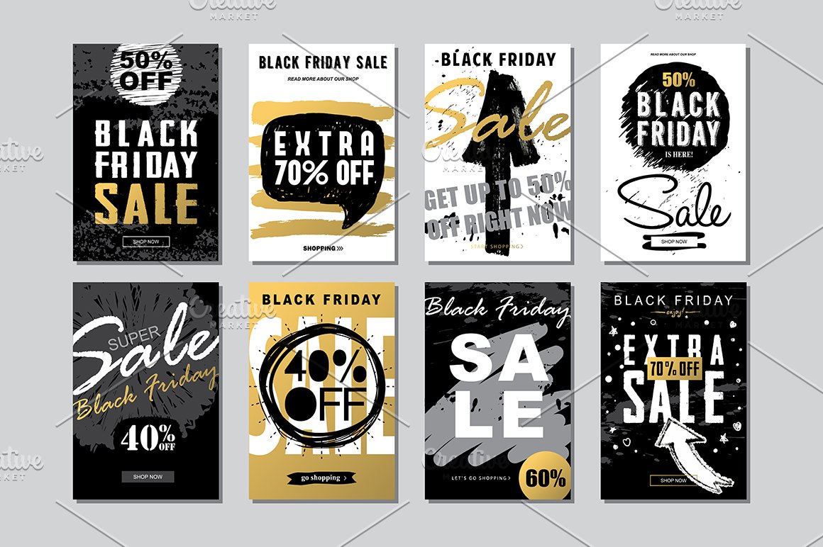 A set of 8 black friday banners on a gray background.