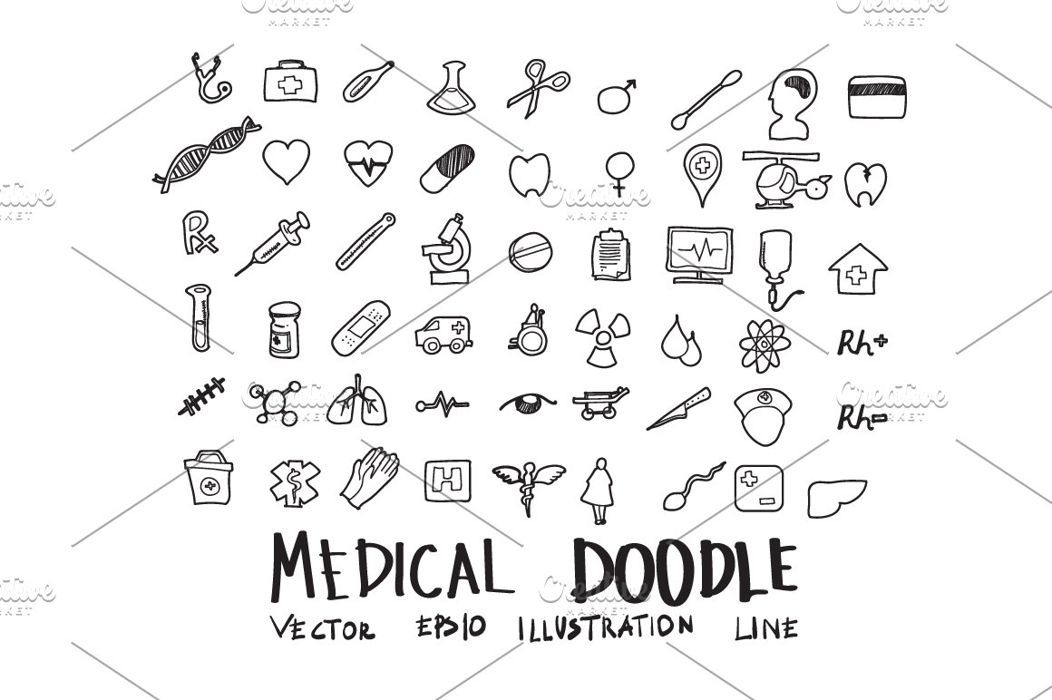 Medical black doodle icons bundle on a white background.
