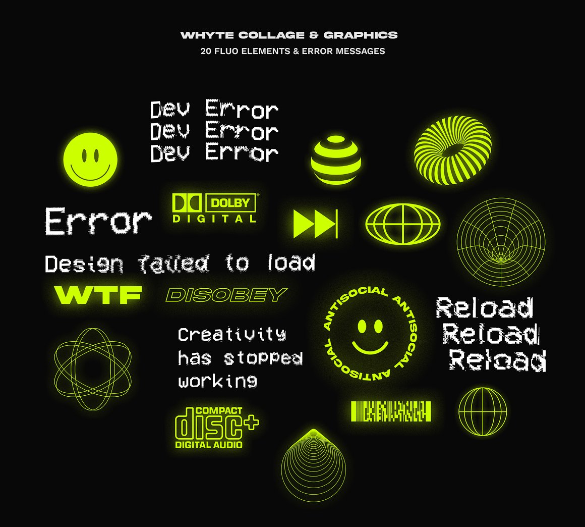 20 neon yellow fluo elements and error messages on a black background.