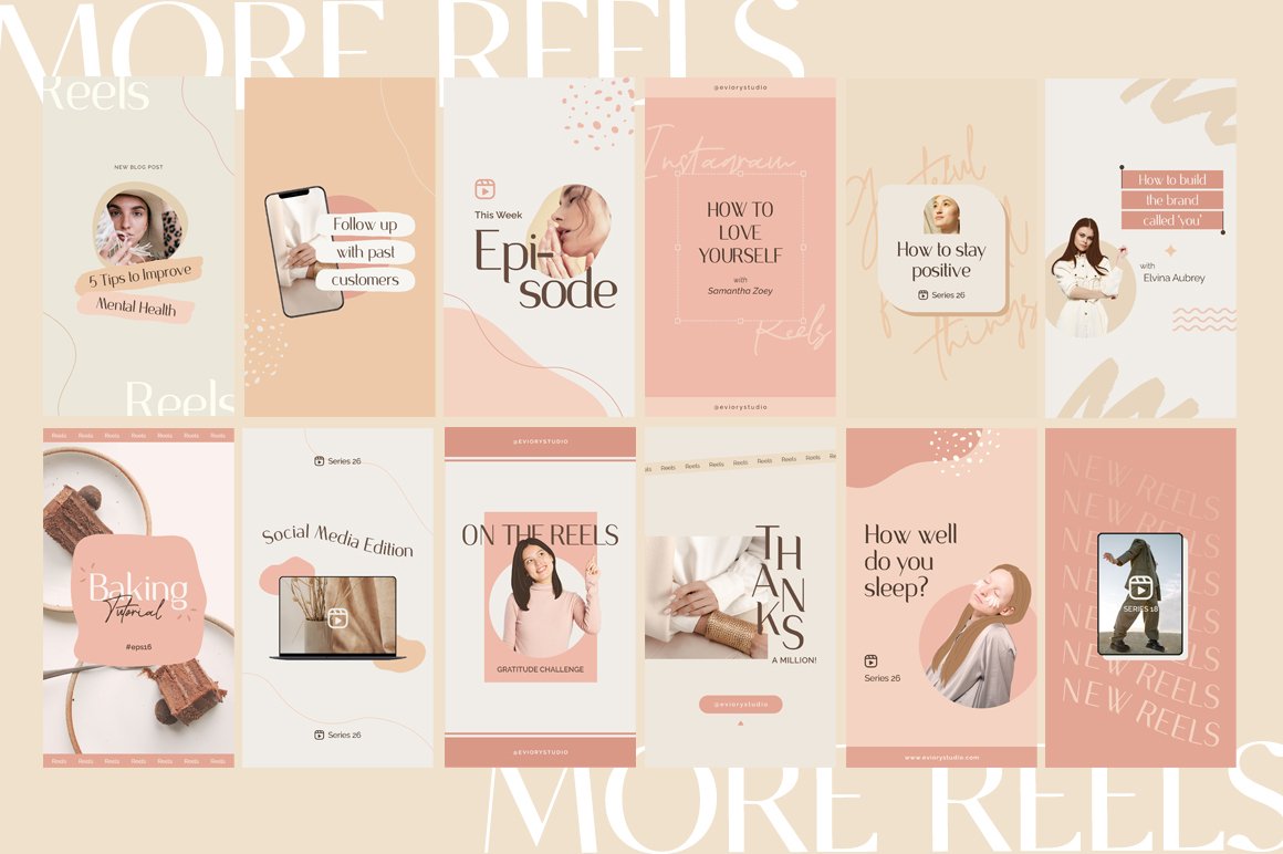 White lettering and 12 different templates of Instagram reels on a pink background.