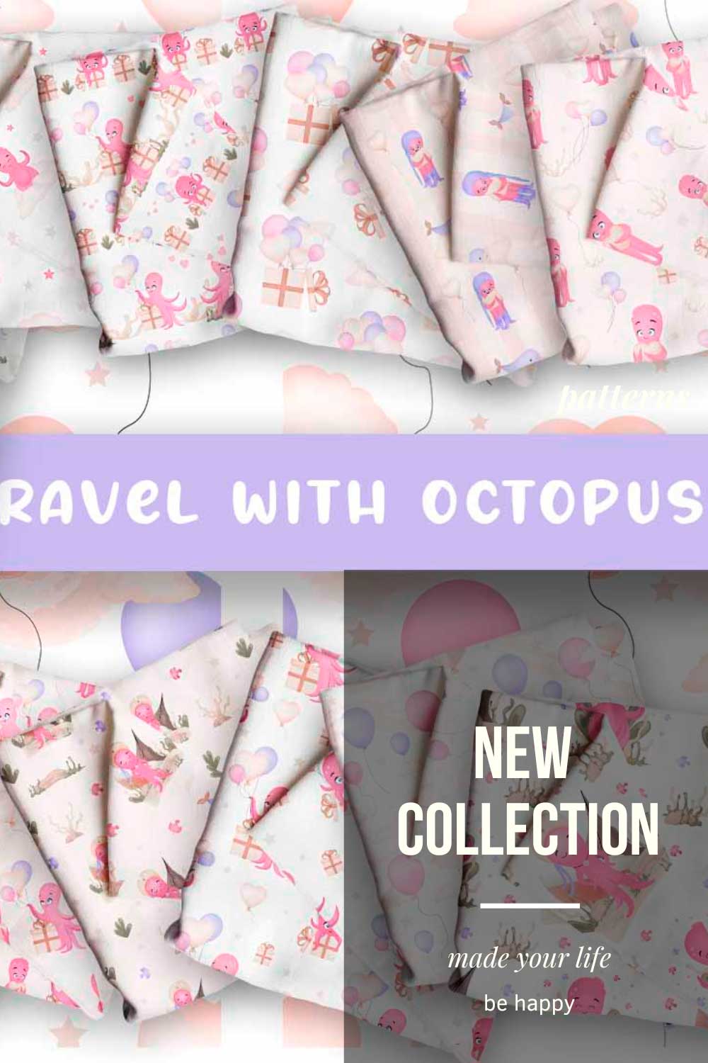 Set of images of colorful patterns with cartoon octopus.