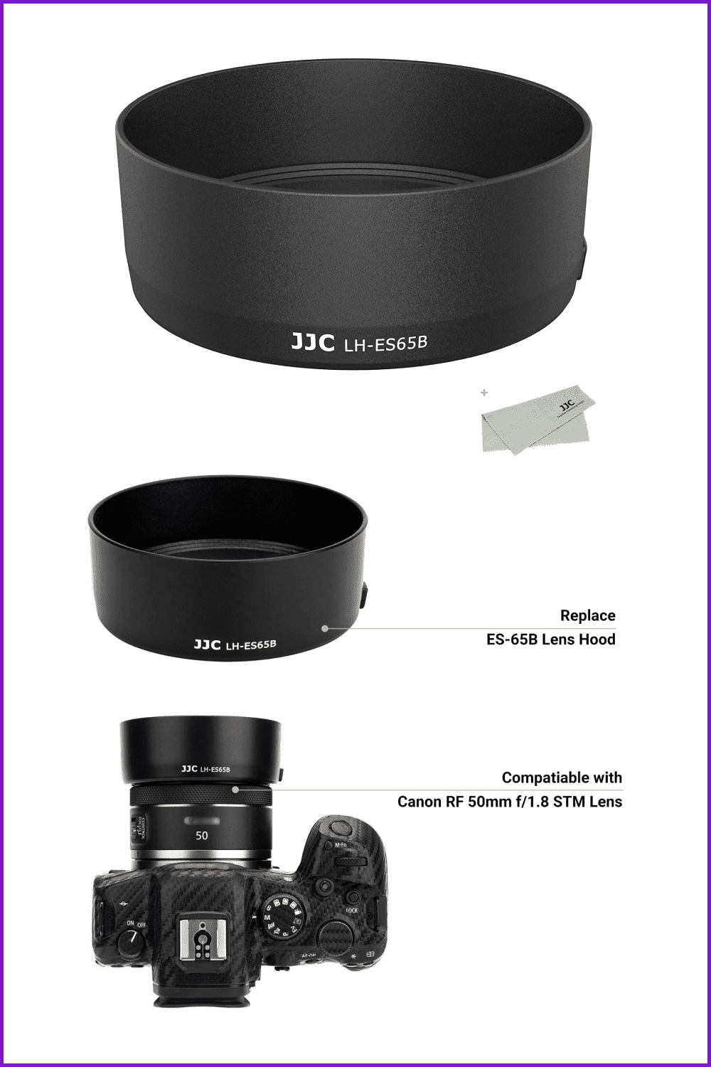 Photo of the camera and Lens Hood for Canon RF.