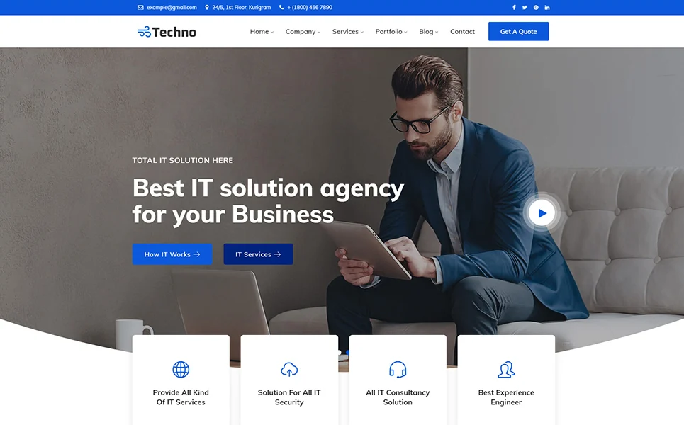 Modern template of techno it solutions & business service homepage.