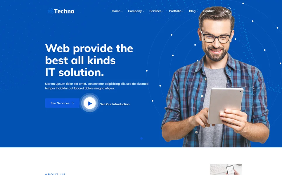 Blue and white homepage of techno it solutions & business service wordpress theme.