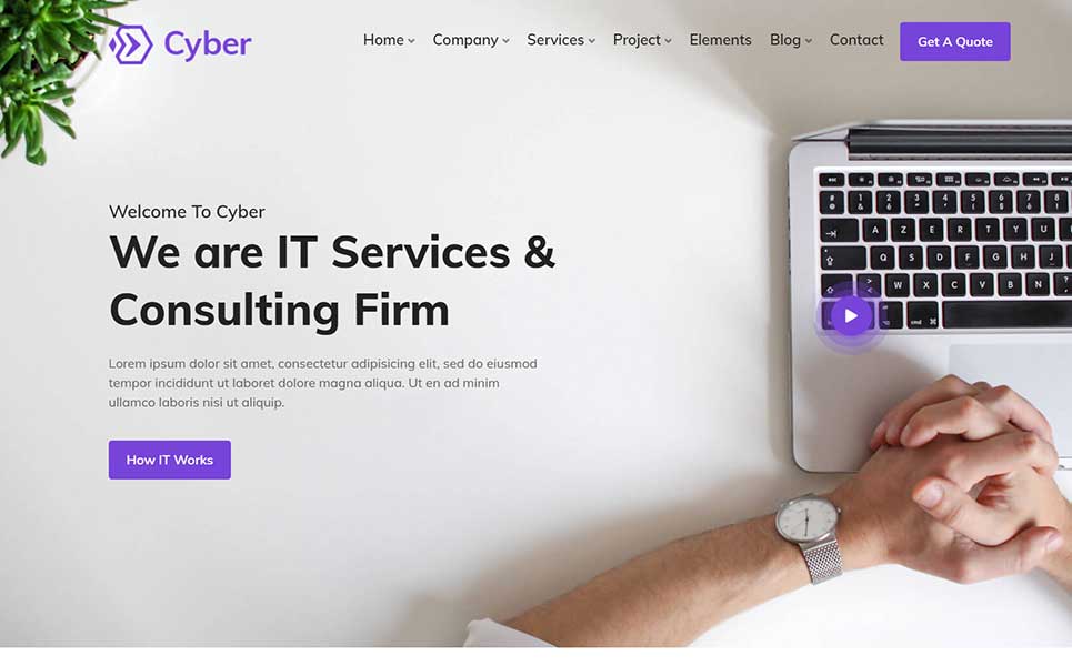 Template of homepage with black lettering, purple button and image of hands and macbook.