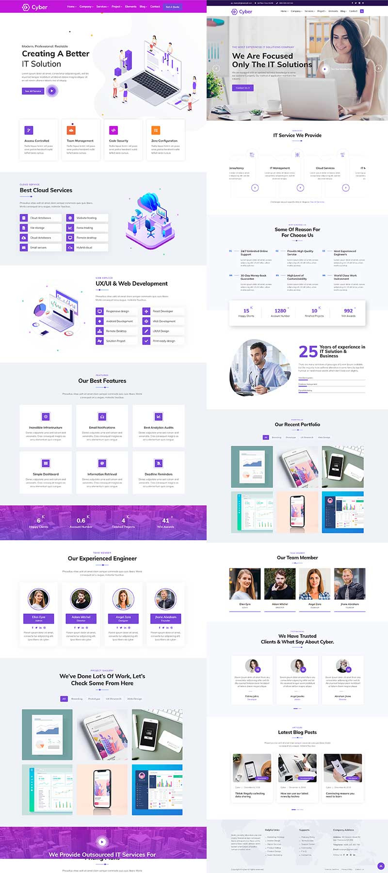 Colection of purple and white pages of cyber it solutions & multi-purpose wordpress theme.