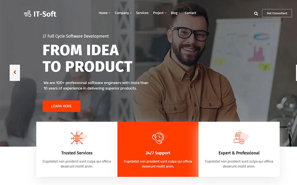 White and orange homepage of it solutions & multipurpose wordpress theme.