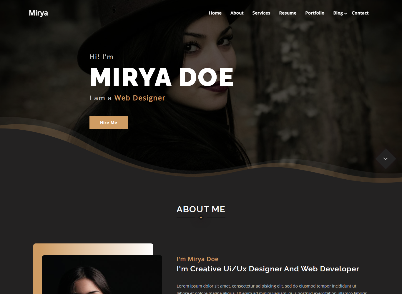 Homepage of mirya personal portfolio in dark tones.