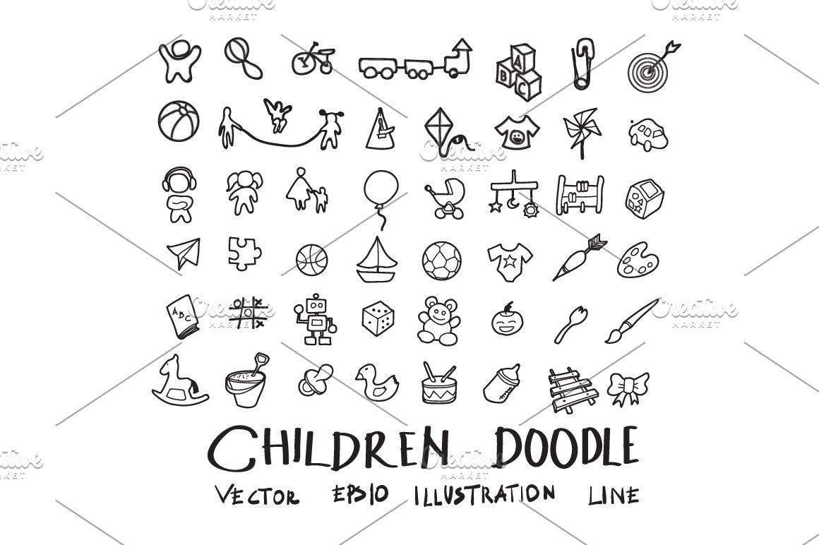 Children black doodle icons pack on a white background.