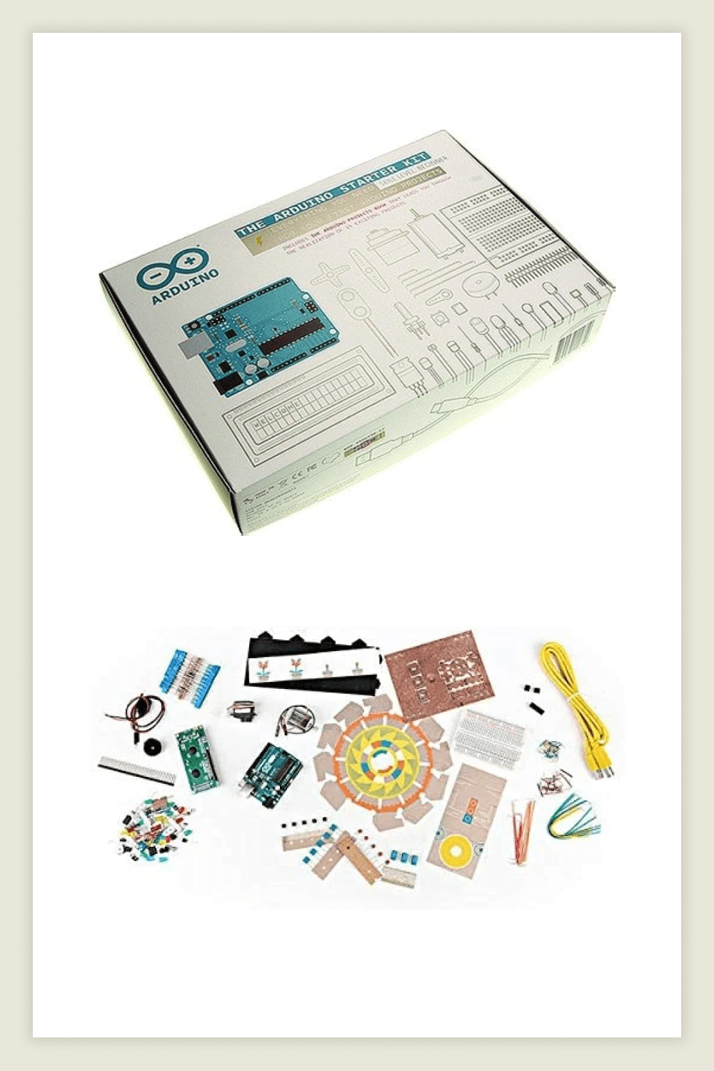 Photo and composition of the Arduino Starter Kit.