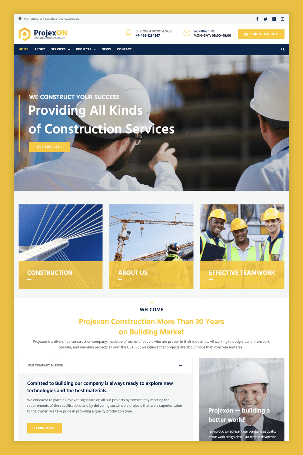 Screenshot of the site page with photos of the construction site, cranes, bridges.
