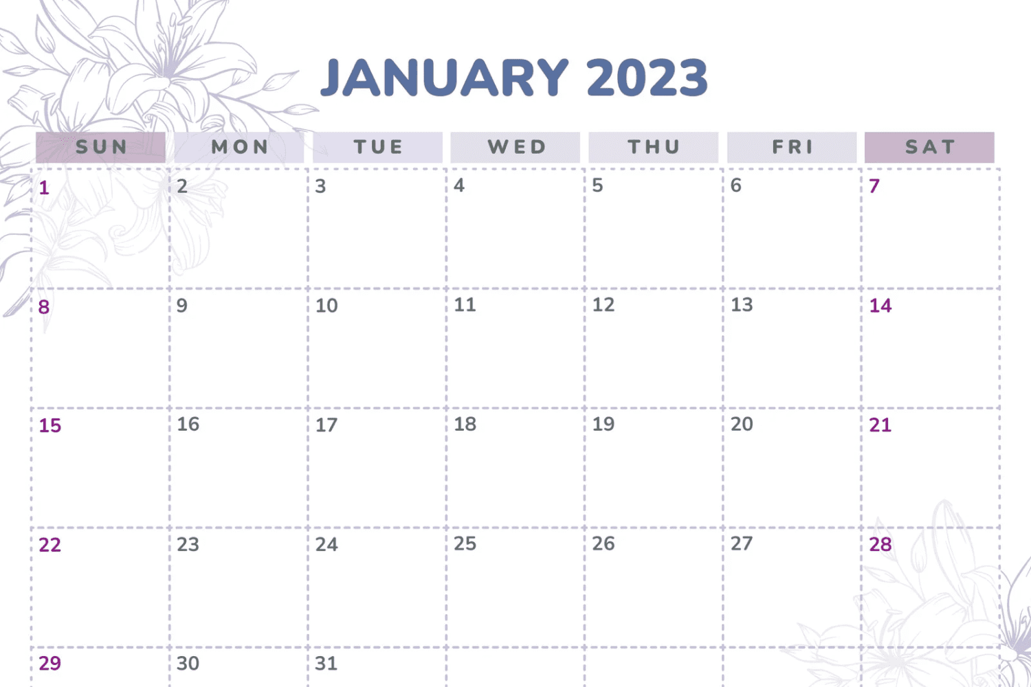 January calendar in a purple and pink color palette.