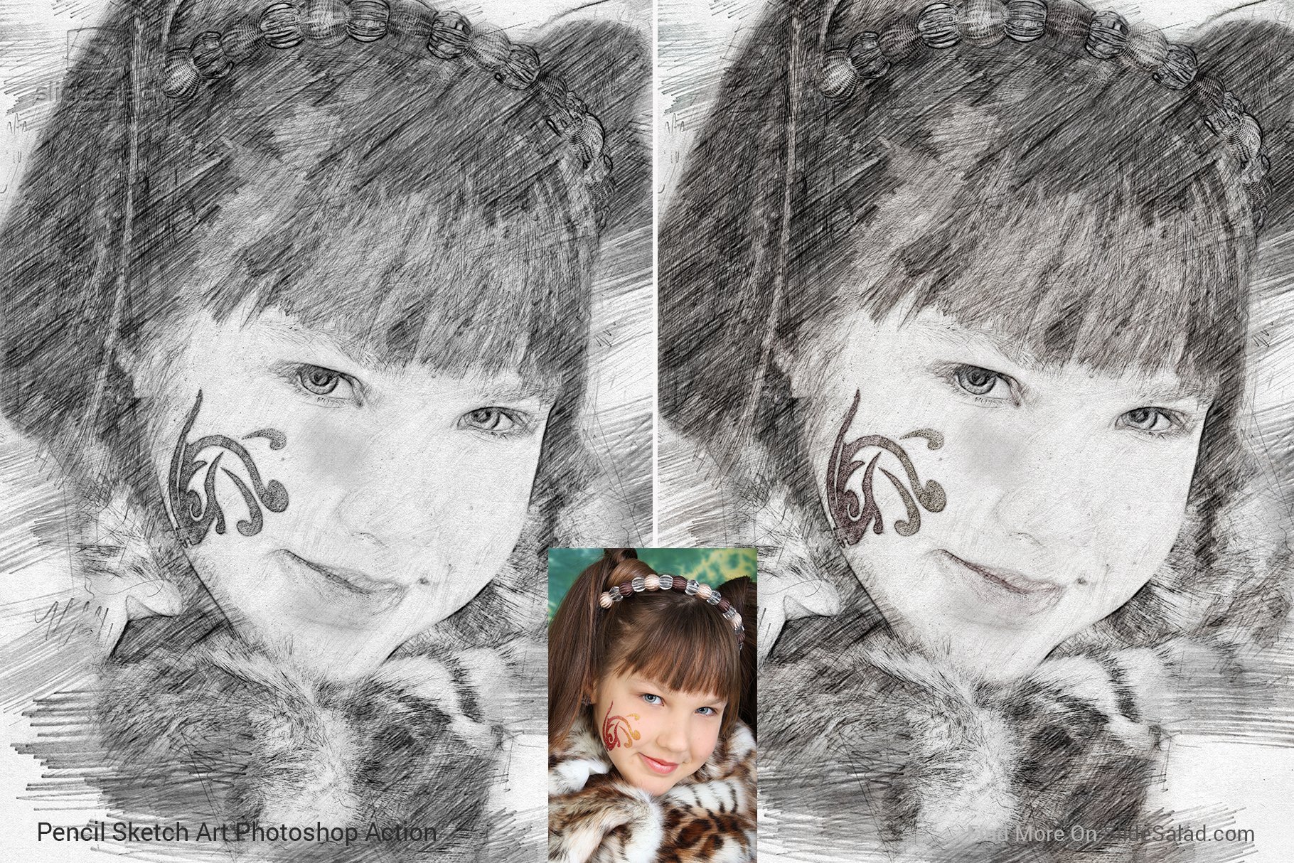 Pencil Sketch Art Photoshop Action - girl portrait example with photo.