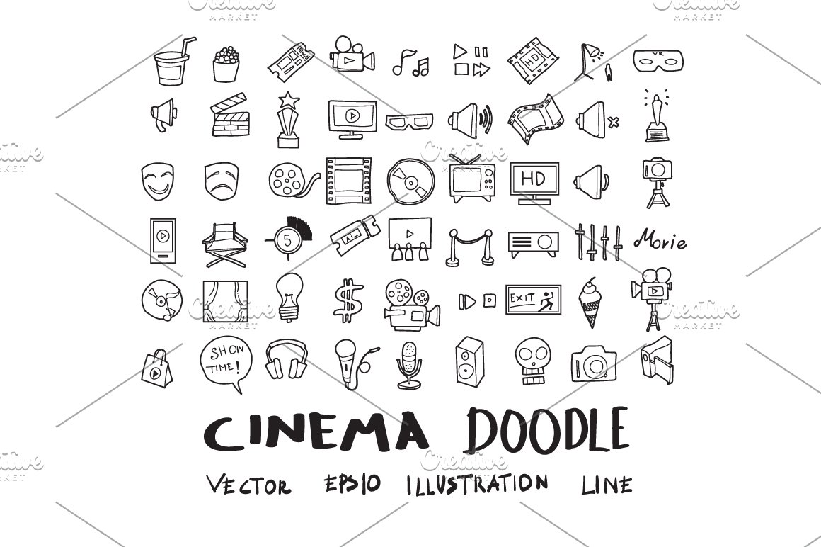 Cinema black doodle icons kit on a white background.