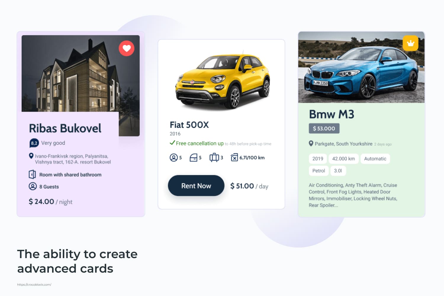 Screenshot with product cards of house and cars.