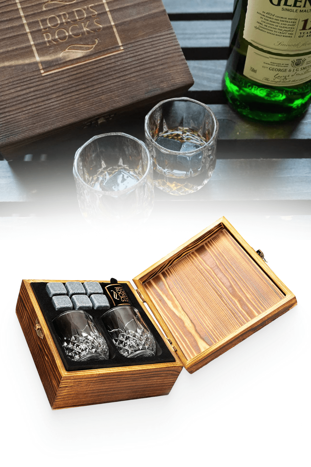 6 Whiskey Stones in wooden box.