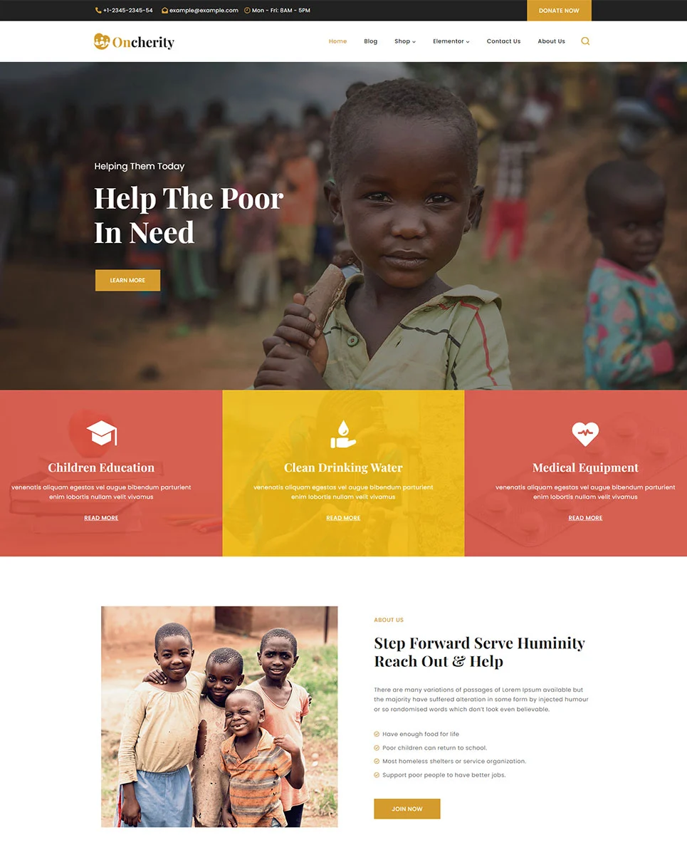 Homepage of oncherity charity, donation, nonprofit elementor wordpress theme.