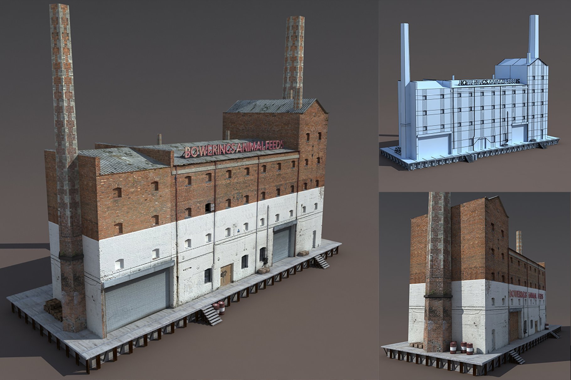3 different mockups of abandoned old factory.