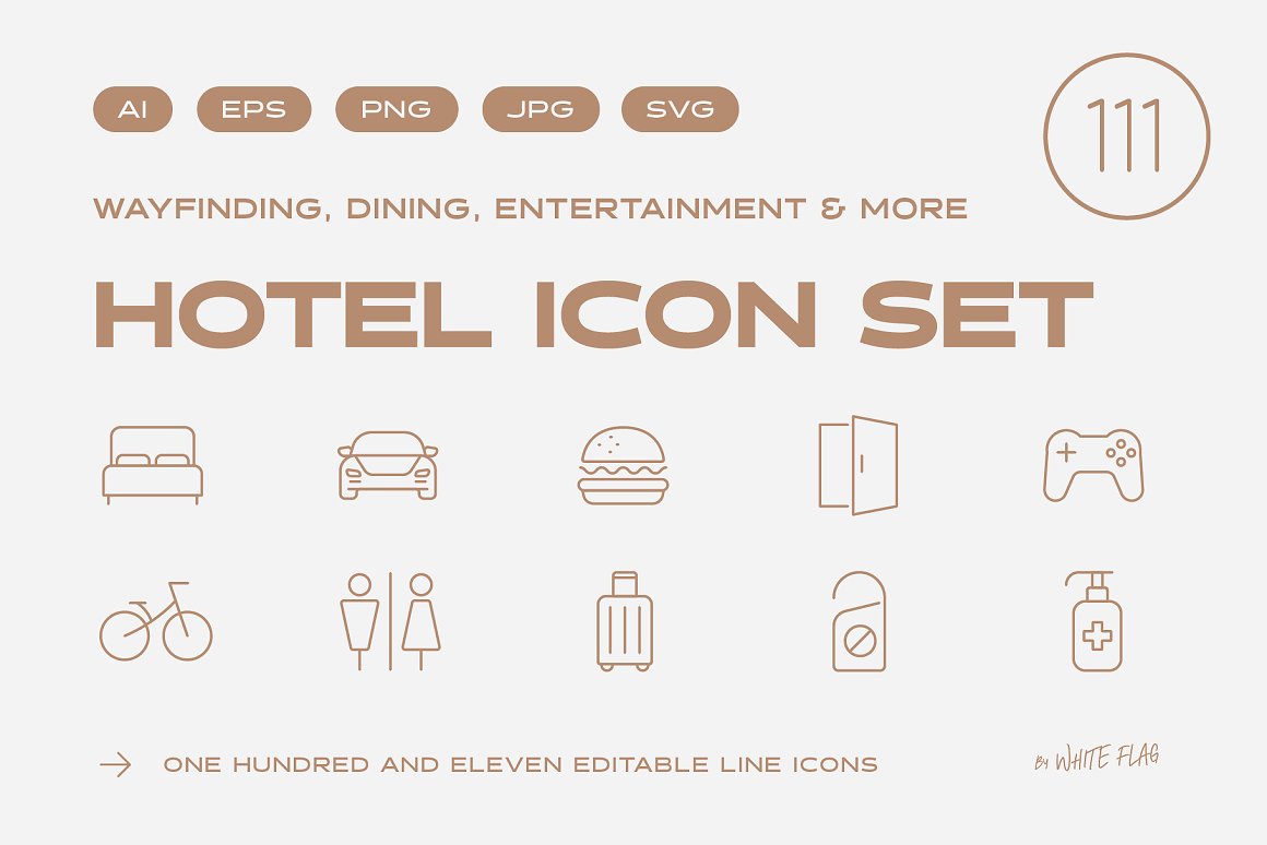 Beige lettering "Hotel Icon Set" and 10 different beige icons on a gray background.